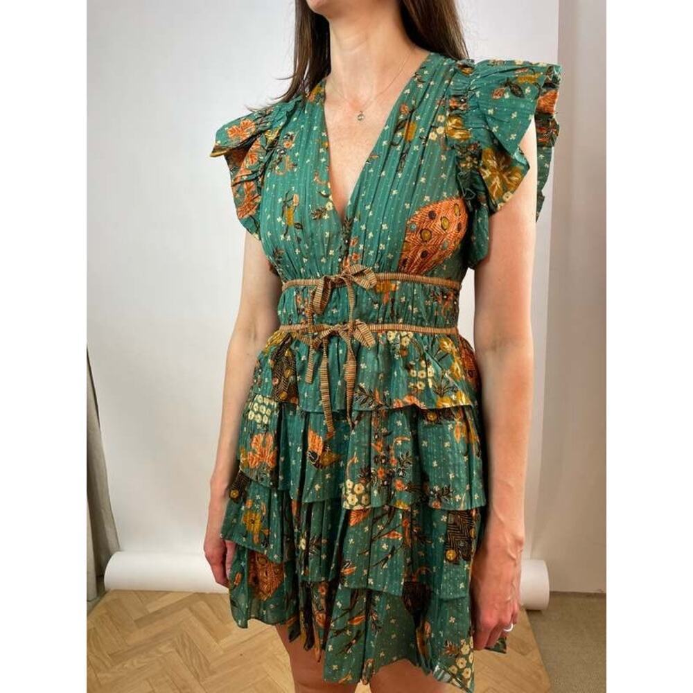 ULLA JOHNSON Marni Green Floral Ruffle Sleeves Tie Hourglass Mini Dress Size 14
